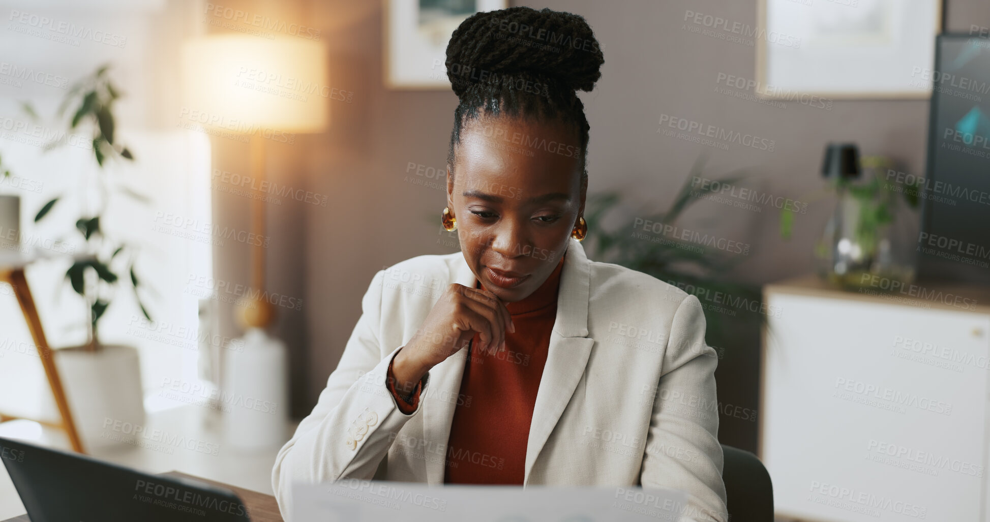 Buy stock photo Finance, analyst or businesswoman with laptop for budget savings, banking system or research. Financial review, documents or African banker in office for revenue, taxes paperwork or profit growth