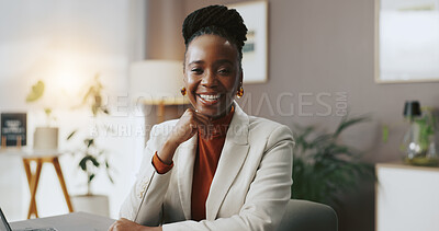 Buy stock photo Portrait, finance or African businesswoman with smile for budget savings, confidence or research. Financial review, proud or investment banker in office for money management, taxes or profit growth