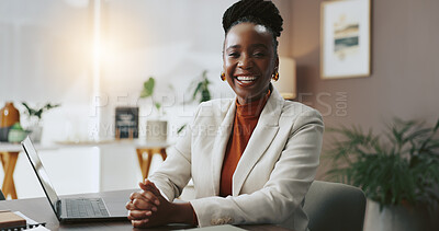 Buy stock photo Office, black woman and smile in portrait for law firm, professional case and lawyer for legal aid. Happy, female person and attorney with confidence for corporate business, court justice or about us
