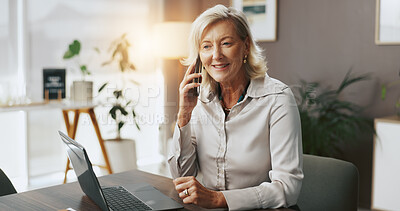 Buy stock photo Office, businesswoman and happy with phone call for discussion, professional case or lawyer for legal aid. Laptop, mature person or attorney with mobile for corporate justice, court advice or contact