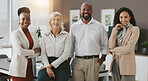 Office, business people and smile in portrait for about us, accounting firm and teamwork for solidarity. Career, employees and accountants with confidence for corporate, cooperation and collaboration