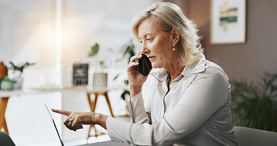 Buy stock photo Office, businesswoman and laptop with phone call for discussion, case email and lawyer for legal aid. Career, mature person and attorney with mobile for corporate justice, point research and contact