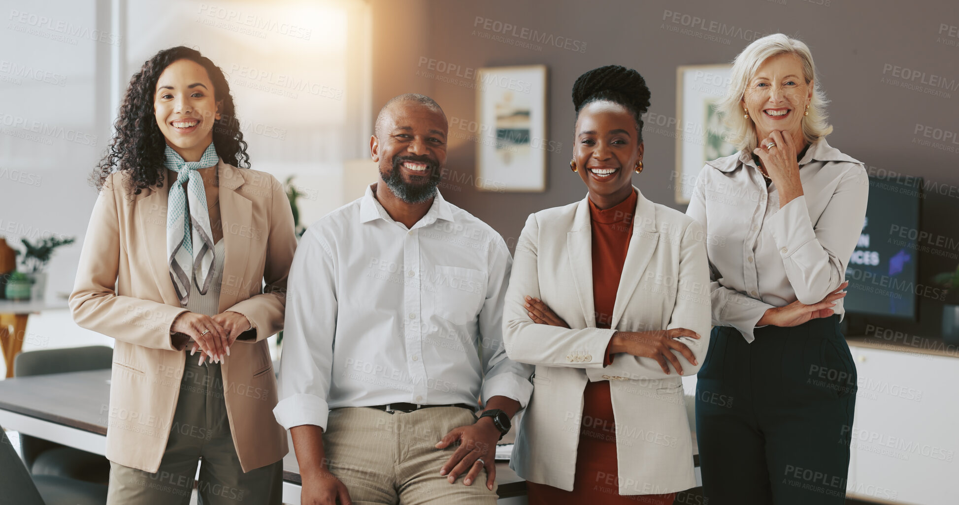 Buy stock photo Business people, portrait and happy with diversity at startup, team and pride for career at creative agency. Man, women and group with smile, excited and solidarity for collaboration at company