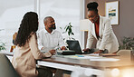Laptop, teamwork and workshop with business people in office for strategy, project and research. Company growth, market report and brainstorming with employees in agency for discussion and planning
