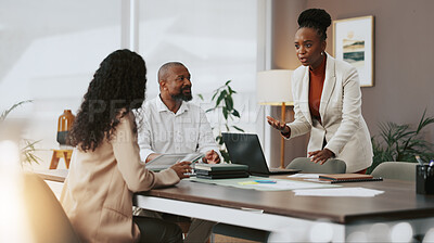 Buy stock photo Laptop, planning and teamwork with business people in office for strategy, project and research. Company growth, market report and brainstorming with employees in agency for discussion and meeting