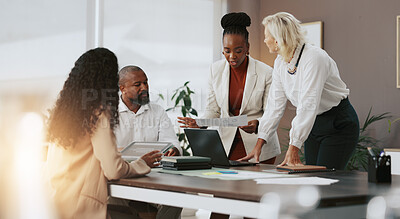 Buy stock photo Laptop, paperwork and meeting with business people in office for strategy, teamwork and research. Company growth, market report and brainstorming with employees in agency for discussion and planning