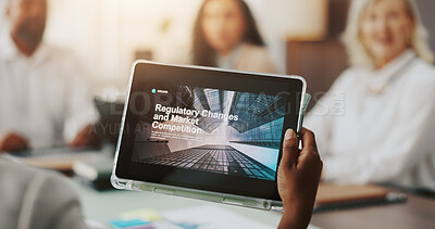 Buy stock photo Meeting, hands and person with tablet, online and discussion for market research, screen and office. Boardroom, colleagues and competition analysis for agency, ux and digital advertising with tech