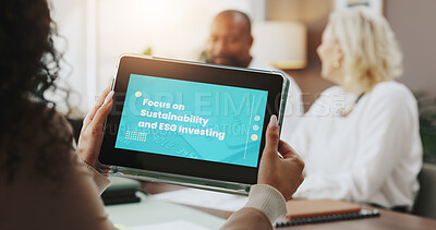 Buy stock photo Meeting, hands and person with tablet, screen and discussion for long term financial performance. Group, investor and tech with info for environmental concerns, digital and sustainability in business