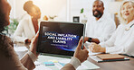 Meeting, hands and person with tablet, display and discussion for social inflation, screen and teamwork. Group, accountant and info for liability claims, collaboration or research for economic impact