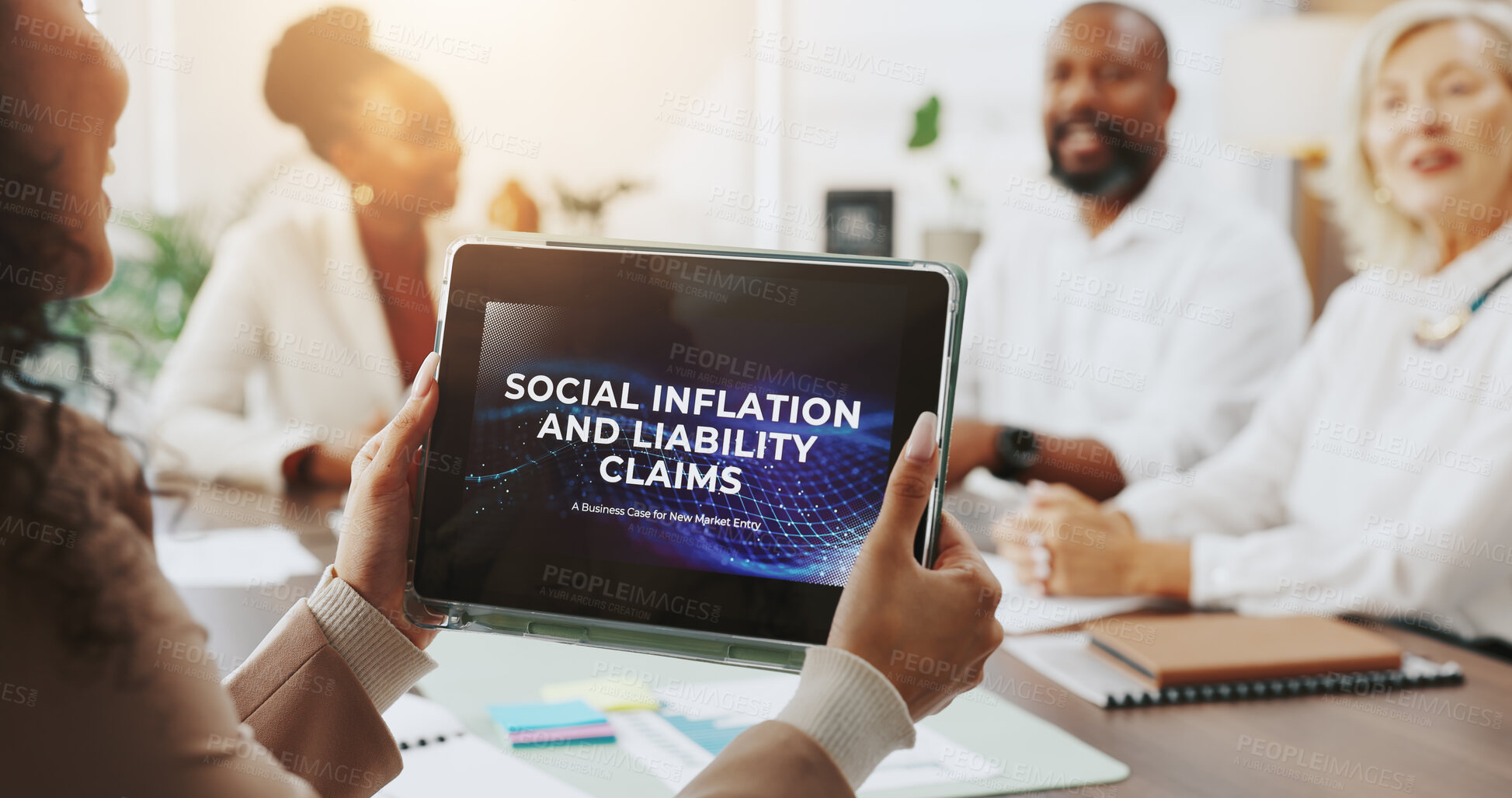 Buy stock photo Meeting, hands and person with tablet, display and discussion for social inflation, screen and teamwork. Group, accountant and info for liability claims, collaboration or research for economic impact