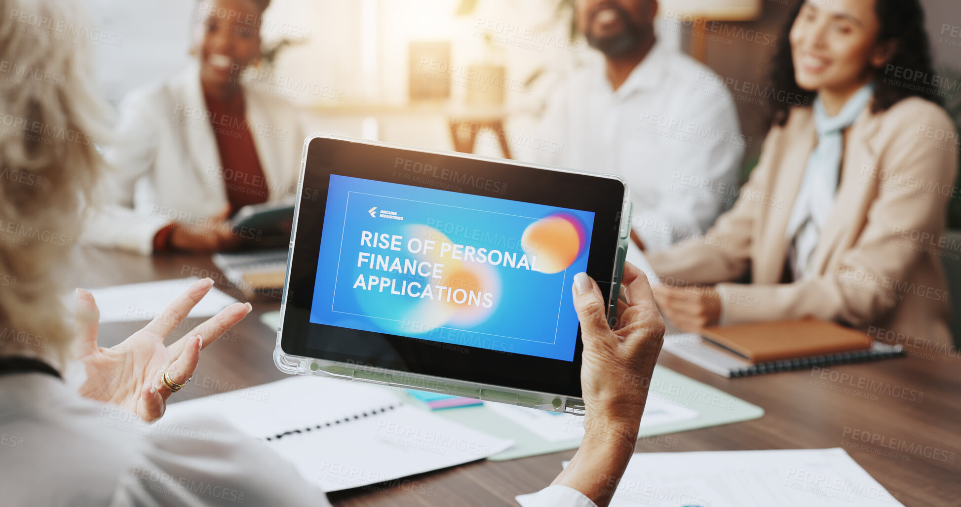 Buy stock photo Meeting, hands or person with tablet screen, talking or discussion for personal finance, explain and teamwork. Group, broker and info for online banking, collaboration or research for economic impact