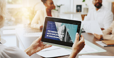 Buy stock photo Meeting, hands and person with tablet, teamwork and discussion for customer experience with chatbox. Insurance, accountant and info for risk assessment, collaboration and research for fraud detection