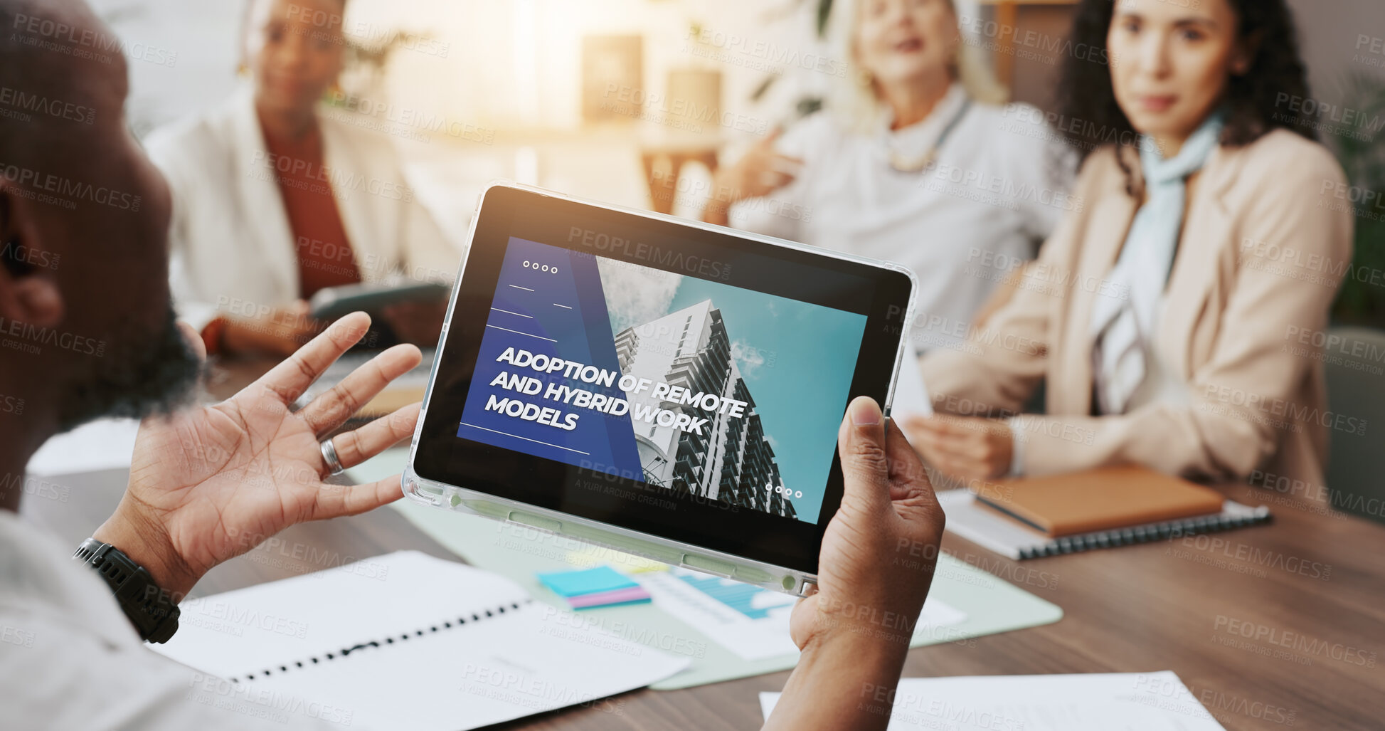 Buy stock photo Tablet screen, planning and meeting with hands of business people for hybrid office proposal, research and report. Remote work discussion, teamwork and advice with employees in agency for project