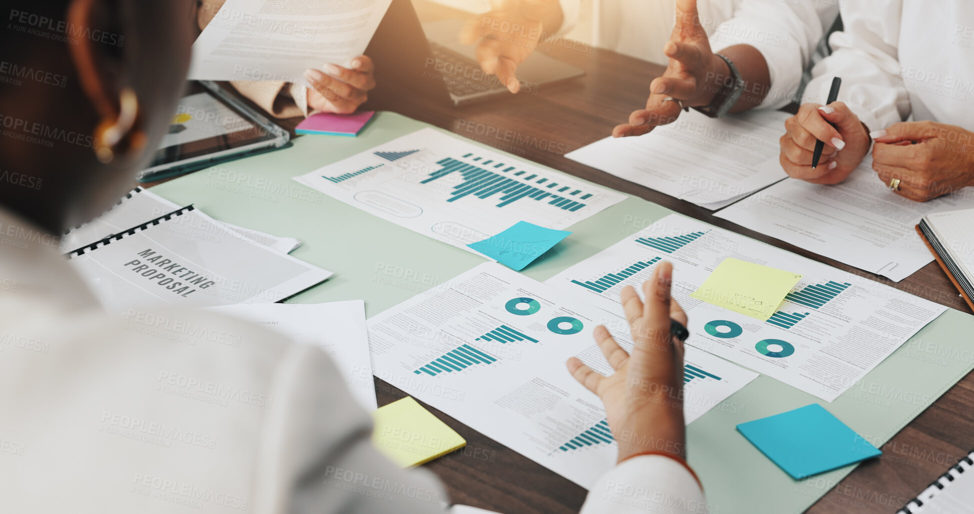 Buy stock photo Documents, hands and planning with business people in meeting for strategy, teamwork and data analysis. Company graphs, market report and brainstorming with employees in agency for discussion