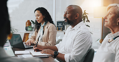 Buy stock photo Business, people and listening in meeting with notes for budget review, financial insight and sales feedback. Finance, teamwork and employees with documents in office for project funding information