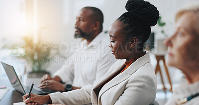 Buy stock photo Meeting, group and woman with notes, business and listening to seminar in boardroom or colleagues. Audience, employees and training in corporate company, planning or presentation for people in office