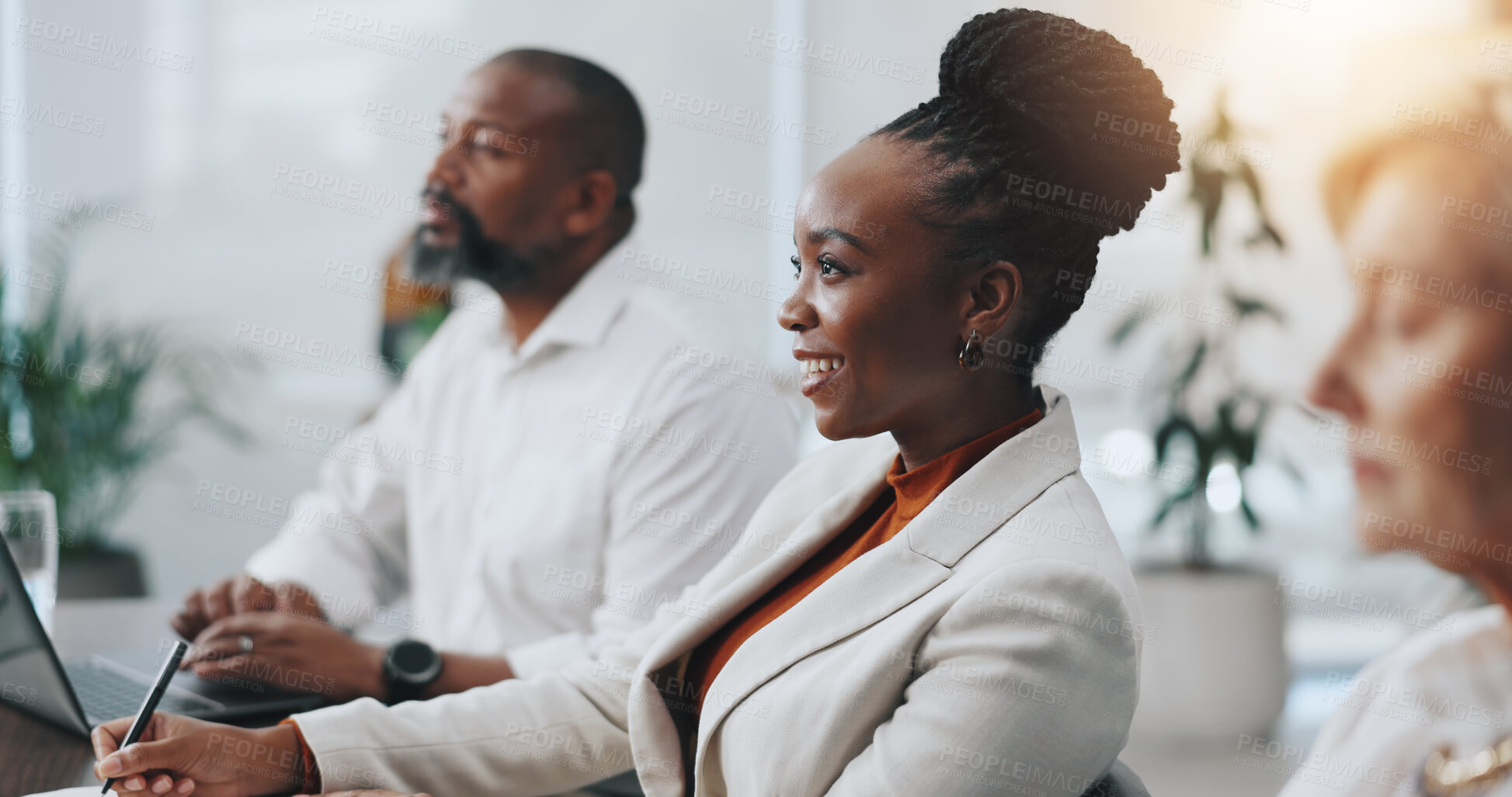 Buy stock photo Happy, business woman and listening in meeting with notes for budget review, financial insight and sales feedback. Finance, teamwork and employees with presentation for project funding information