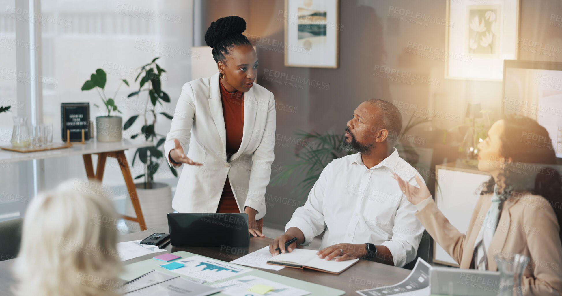 Buy stock photo Speaker, teamwork and workshop with business people in office for strategy, laptop and research. Company growth, market report and brainstorming with employees in agency for discussion and planning