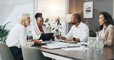 Buy stock photo Laptop, planning and workshop with business people in office for strategy, project and research. Company growth, market report and brainstorming with employees in agency for discussion and teamwork