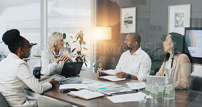 Buy stock photo Planning, talking and meeting with business people in office for strategy, project and research. Company growth, market report and brainstorming with employees in agency for discussion and workshop