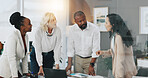 Discussion, listening and group in meeting, boardroom and ideas for market trends, speaker and planning. Business, strategy analyst and collaboration with colleagues with tech, people or conversation