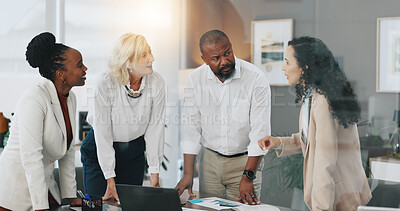 Buy stock photo Discussion, listening and group in meeting, boardroom and ideas for market trends, speaker and planning. Business, strategy analyst and collaboration with colleagues with tech, people or conversation