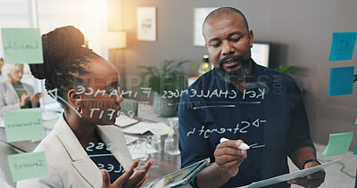 Buy stock photo Idea, glass and business people writing for planning, discussion and brainstorming in office. Creative company, startup and man and woman with tablet and notes for teamwork, research and project