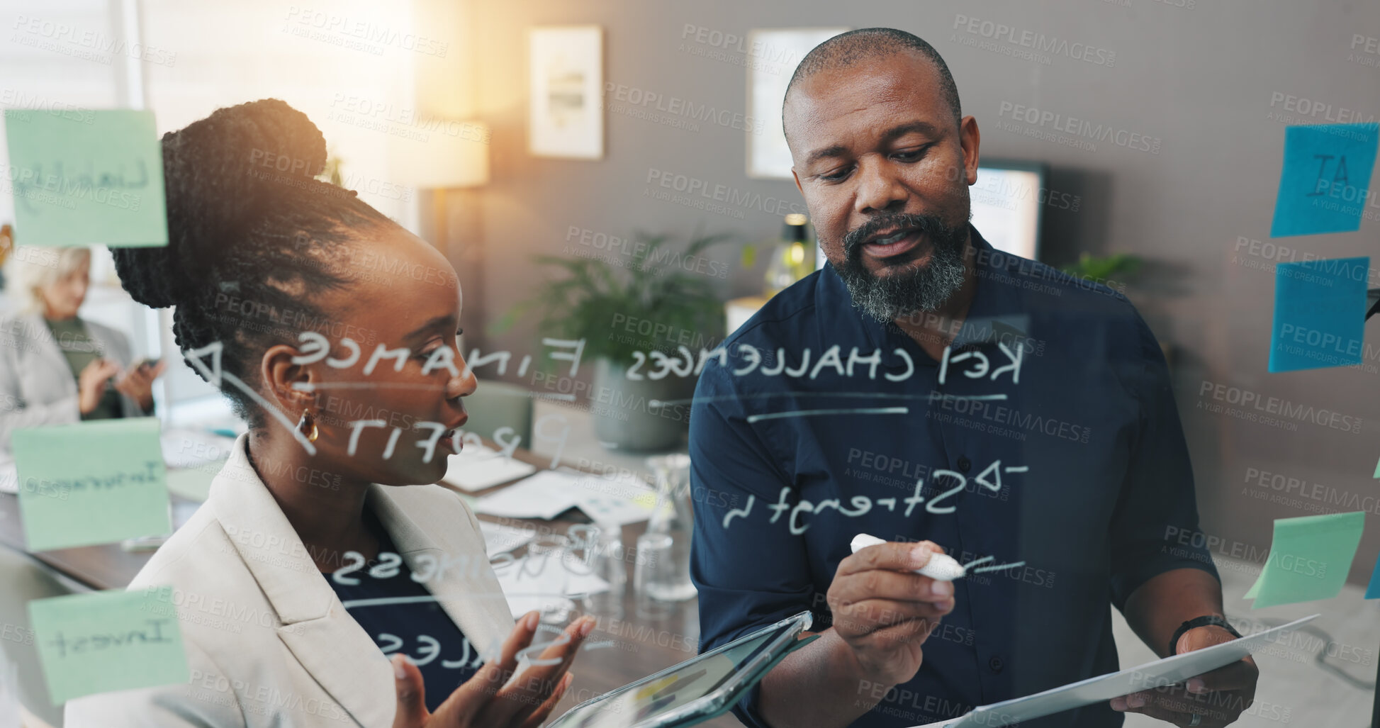 Buy stock photo Idea, glass and business people writing for planning, discussion and brainstorming in office. Creative company, startup and man and woman with tablet and notes for teamwork, research and project