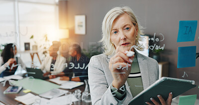 Buy stock photo Planning, writing and business woman in meeting for presentation, workshop and mentor. Speaker, teamwork and conference with people in agency for brainstorming seminar, solution and checklist