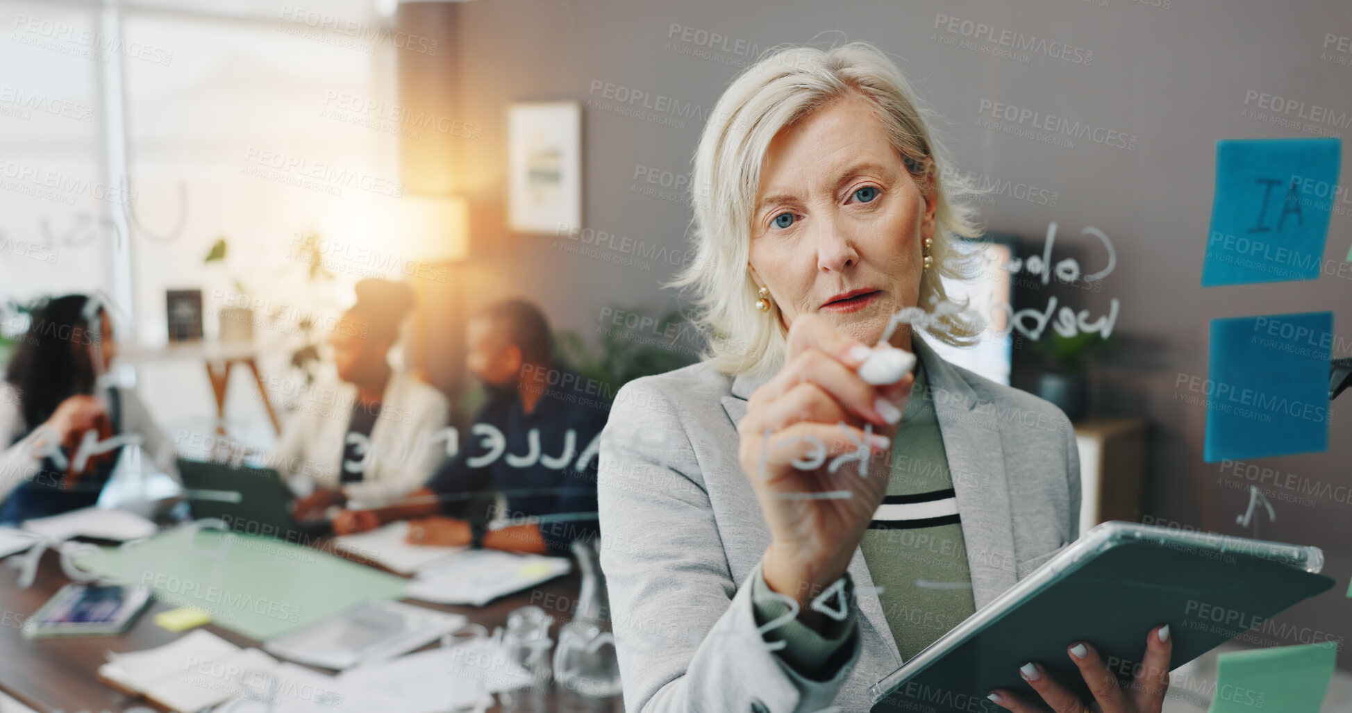 Buy stock photo Planning, writing and business woman in meeting for presentation, workshop and mentor. Speaker, teamwork and conference with people in agency for brainstorming seminar, solution and checklist