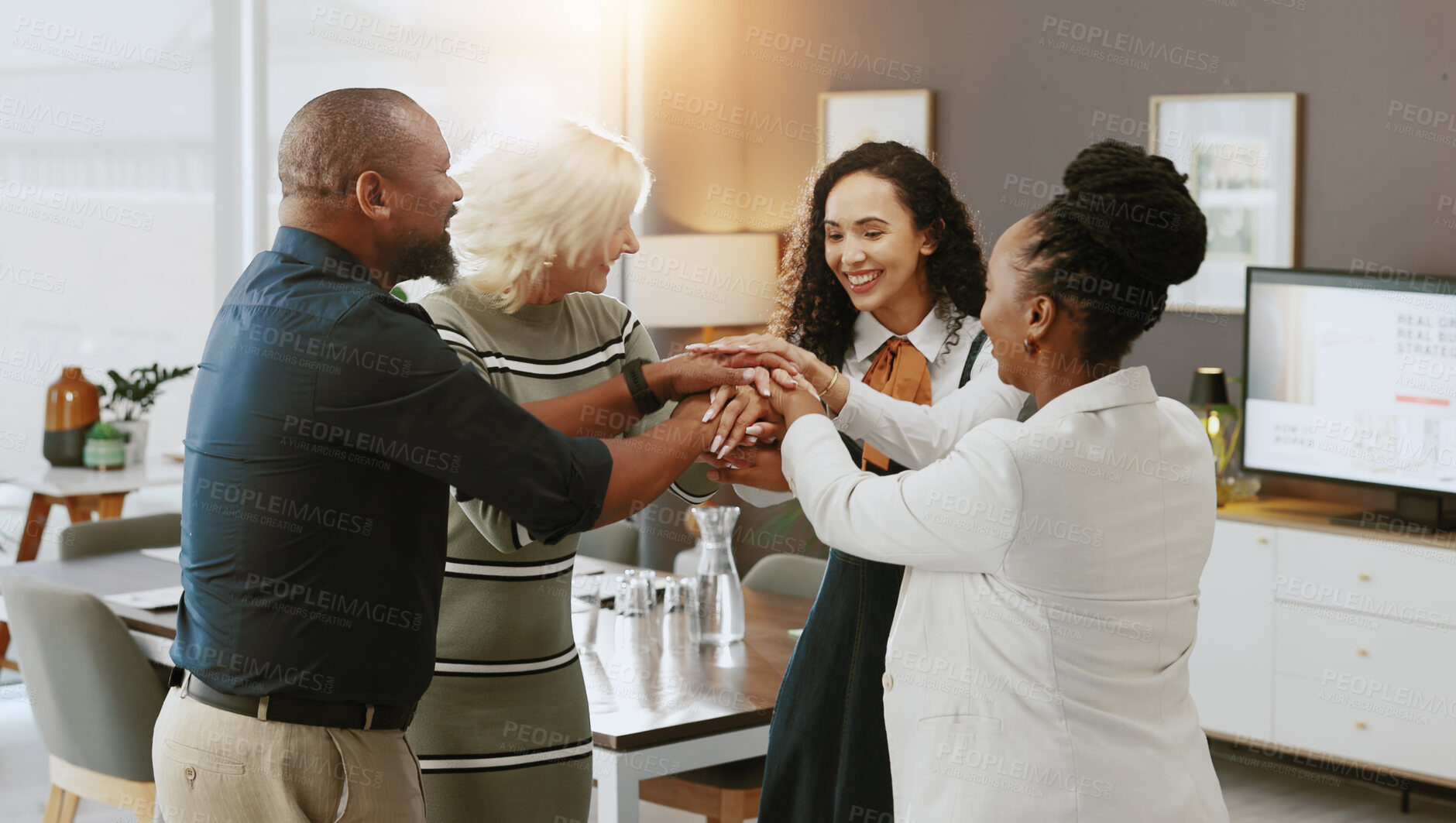 Buy stock photo Huddle, hands together and support with business people in office for workshop, solidarity and success. Achievement, teamwork and collaboration with group of employees for celebration and community