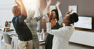 Buy stock photo Hands, group and celebration for success, office and achievement for colleagues in marketing agency. Boardroom, employees and accomplishment of project for business people, collaboration and victory