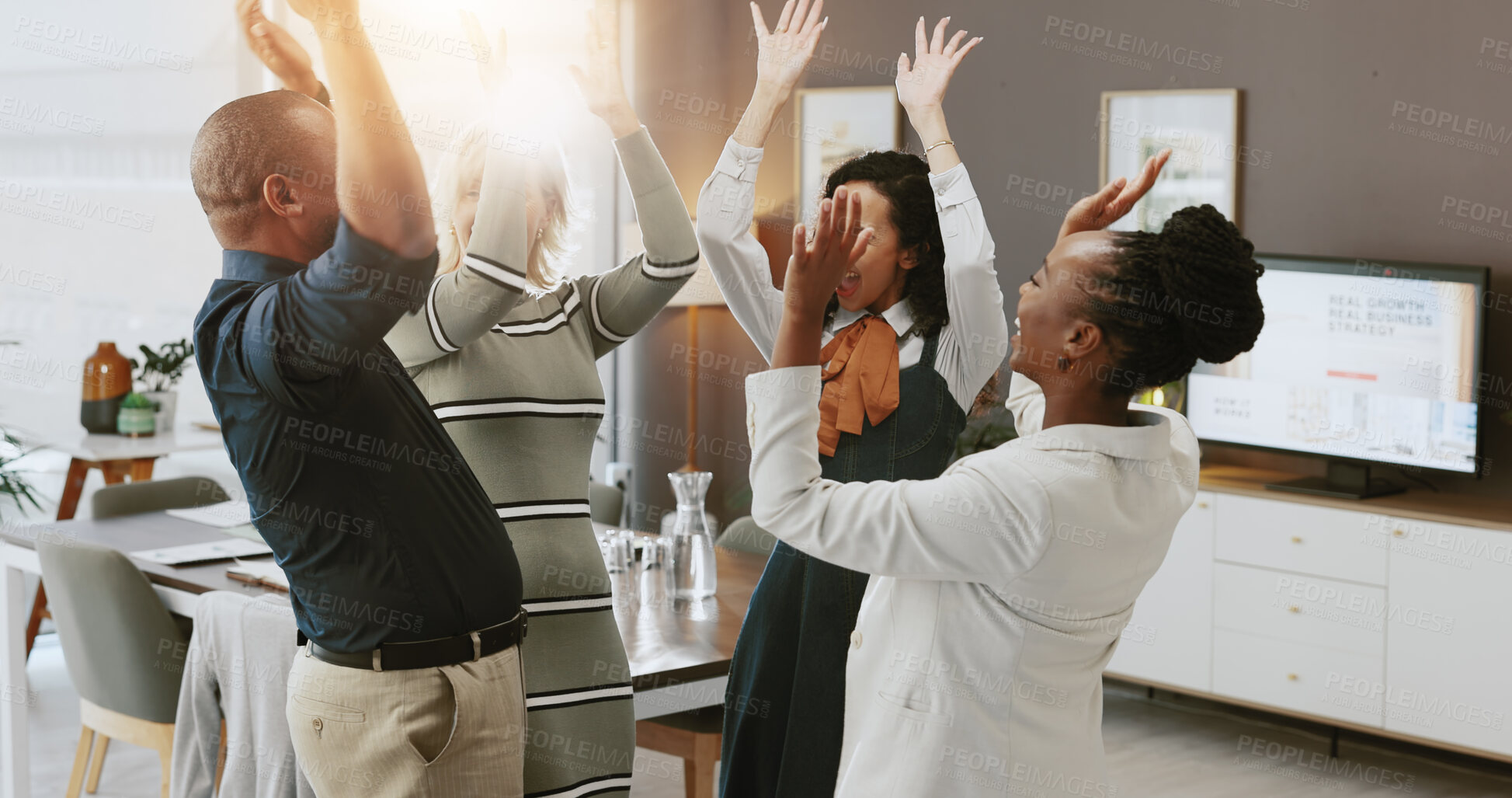 Buy stock photo Hands, group and celebration for success, office and achievement for colleagues in marketing agency. Boardroom, employees and accomplishment of project for business people, collaboration and victory