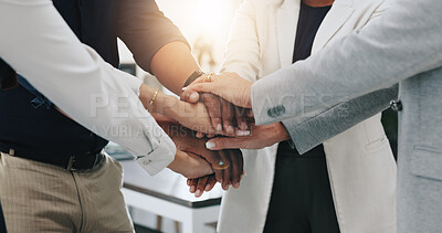 Buy stock photo Hands stack, group and celebration for success, office and achievement for colleagues in marketing agency. Boardroom, employees and accomplishment of project for business people and collaboration