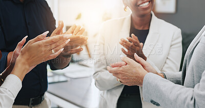 Buy stock photo Applause, group and celebration for success, hands or achievement for colleagues in marketing agency. Boardroom, employees and accomplishment of project for business people, collaboration or clapping