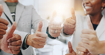 Buy stock photo Thumbs up, hands and support with business people in office for workshop, solidarity and success. Achievement, teamwork and collaboration with group of employees for celebration and community