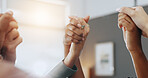 Holding hands, teamwork and support with business people in office for workshop, solidarity and success. Achievement, trust and collaboration with group of employees for celebration and community
