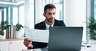 Buy stock photo Happy, businessman or documents with laptop for finance or corporate performance at office desk. Man, accountant or analyst with paper, graph or chart for financial report, analysis or company budget