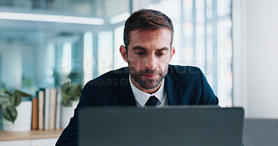 Buy stock photo Man, lawyer and reading with laptop in office for legal review, contact or virtual consultation service. Person, attorney or advocate by computer, report or lead with info for court case at law firm