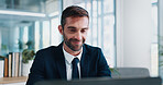 Man, lawyer and research with computer in office with legal review, happy and virtual consultation service. Person, attorney or advocate with problem solving, solution and court case at law firm