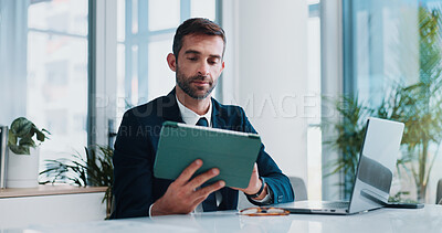 Buy stock photo Business man, tablet and typing in office with laptop, review and report with finance, budget or accounting. Person, digital touchscreen and scroll on application with stats, growth and investment
