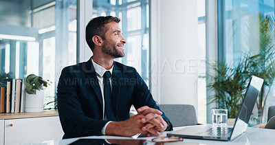 Buy stock photo Businessman, office and thinking by computer, smile and decision for investing, wealth or opportunity. Person, financial advisor or broker with inspiration, insight or perspective at corporate agency