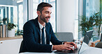 Business, happy man or typing with laptop for accounting, financial review or report at office desk. Male person, accountant or smile on computer for company finance, budget or plan at workplace