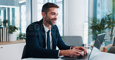 Buy stock photo Business, happy man or typing with laptop for accounting, financial review or report at office desk. Male person, accountant or smile on computer for company finance, budget or plan at workplace