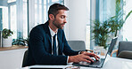 Tired, businessman and typing with laptop for communication, network or email at office desk. Man, employee or accountant with computer for online research, finance or digital report at workplace