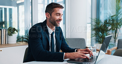Buy stock photo Happy, businessman or typing with laptop for accounting, financial review or report at office desk. Man, employee or accountant with smile on computer for company finance, budget or plan at workplace