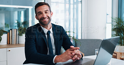 Buy stock photo Businessman, portrait and smile in office with laptop, career opportunity and company development. Investor, technology and happy consultant in agency for loan approval, financial growth and about us