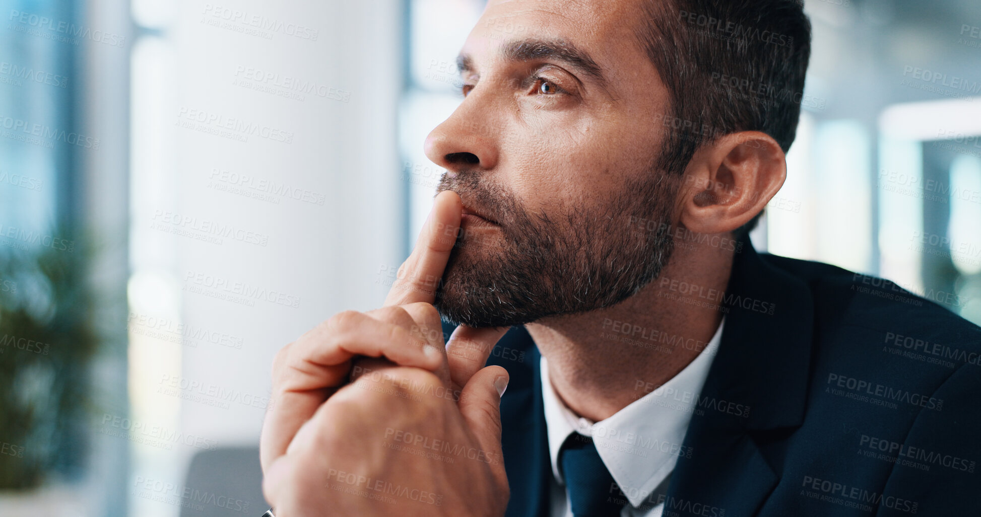 Buy stock photo Thinking, serious and man in office, corporate and planning for case in law firm, advocate and project. Contemplating, attorney and person with ideas in business, legal or thoughtful for constitution