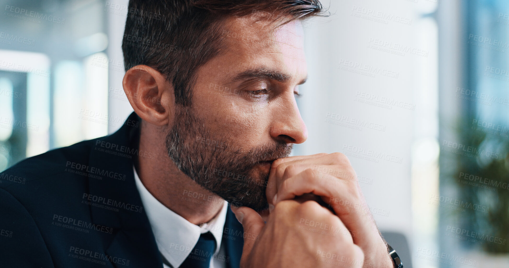 Buy stock photo Thinking, stress and man in office, corporate and corrupt advocate in law firm or anxiety for suspension. Business, attorney and thoughtful for legal malpractice claims, person and contemplating