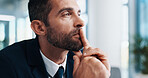 Thinking, serious and man in business, corporate and planning for case in law firm, advocate and stress. Contemplating, attorney and person with ideas in office, legal and thoughtful for constitution